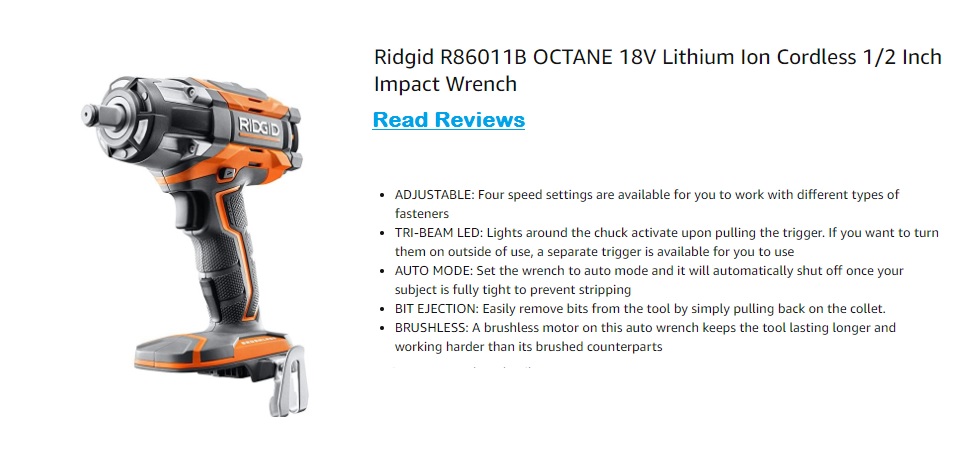 Ridgid R86011B OCTANE 18V Lithium Ion Cordless 1/2 Inch Impact Wrench