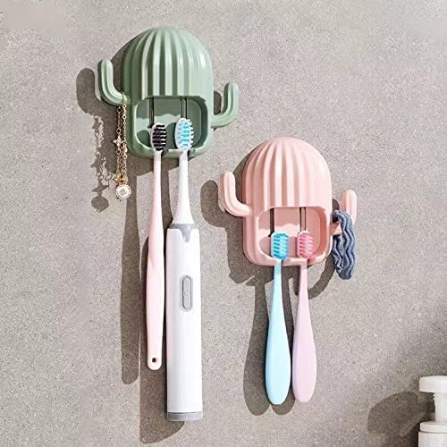 (2 Pieces ) Cactus Toothbrush Holder Wall-Mounted Bathroom self-Adhesive Toothbrush Holder, Suitable for Dormitory Bathroom and Shower Room, can use 2 toothbrushes (Pink /Green)