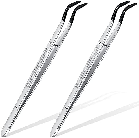 2 Pieces Rubber Bent Tip Tweezers PVC Rubber Coated Soft Non Marring Curved Tweezers Lab Industrial Hobby Craft Jewelry Hobby Coin Stamp Tweezers Tools (Silver, Black)