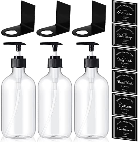 3 Sets 17 oz Empty Shampoo Bottles with Pumps with 3 Pieces Shower Gel Bottle Rack Hook Brackets and 6 Pieces Waterproof Soap Label Sticker for Shower Kitchen Bathroom Toilet Wall (Clear)