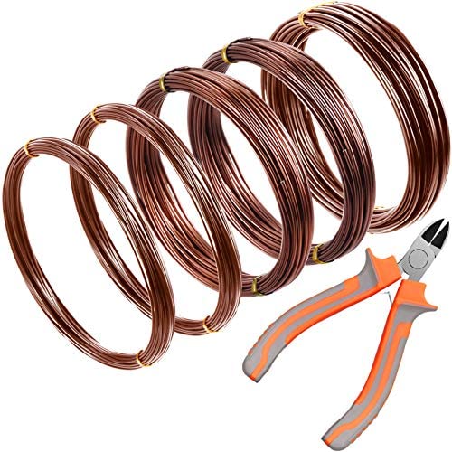 5 Roll Tree Training Wires 160 Feet Total with Bonsai Wire Cutter Anodized Aluminum Wire 1/ 1.5/ 2.0 mm Training Wire for Holding Bonsai Branches Small Trunks (Brown)