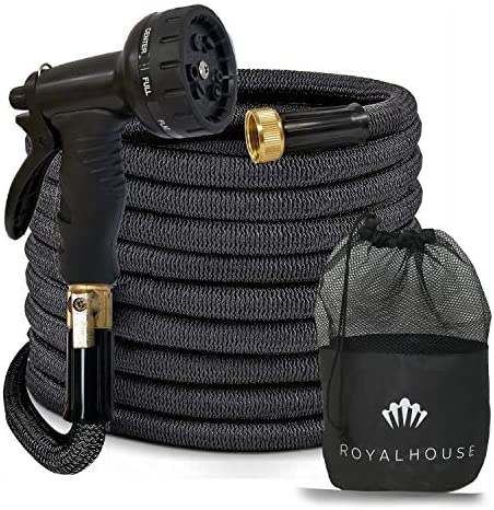 50FT Black Expandable Garden Hose Water Hose with 9-Function High-Pressure Spray Nozzle, Heavy Duty Flexible Hose – 3/4″ Solid Brass Fittings Leak Proof Design