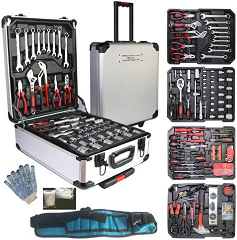 Arcwares 799pcs Aluminum Trolley Case Tool Set Silver, House Repair Kit Set, Household Hand Tool Set, with Tool Belt,Gift on Father’s Day (Silver)