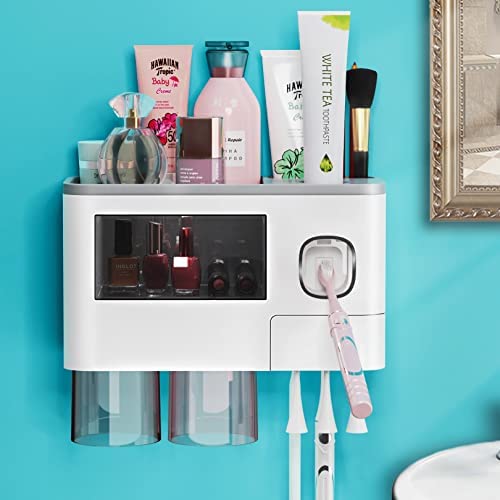 BHeadCat Automatic Toothpaste Dispenser with Toothbrush Holder Wall-Mounted, Space Saving Toothbrush Organizer Toothpaste Squeezer, with Transparent Suction Cups and Cosmetic Drawers(2 Cups)