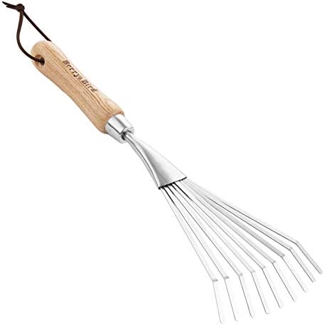Berry&Bird Gardening Hand Shrub Rake, 14.7″ Stainless Steel Grass Rake, 9 Tines Fan Lawn Leaf with Ergonomic Wooden Handle, Small Hand Rake for Sweep Leaves & Loose Debris in Garden, Lawns and Yards