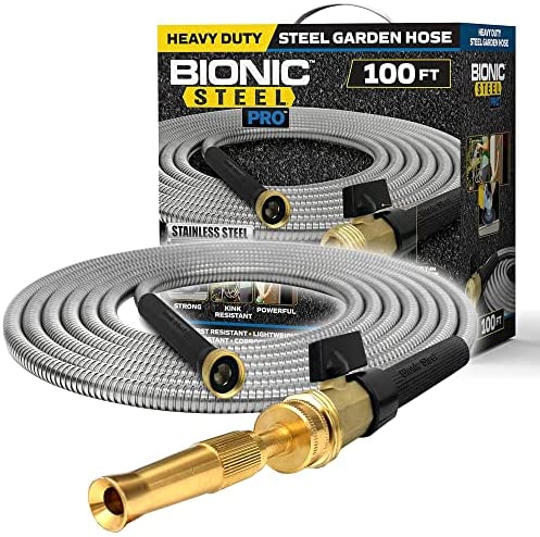 Bionic Steel PRO Garden Hose – 304 Stainless Steel Metal 100 Foot Garden Hose – Heavy Duty Lightweight, Kink-Free, and Stronger Than Ever with Brass Fittings and On/Off Valve – 2021 Model