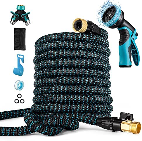 Delxo Expandable Garden Hose,100FT Water Hose with 9-Function High-Pressure Spray Nozzle, Heavy Duty Flexible Water Pipe, 3/4″ Solid Brass Fittings Leakproof Design
