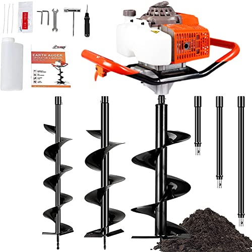 ECO LLC 63CC Heavy Duty Gas Powered Post Hole Digger with 3pcs Earth Auger Drill Bits (6″ & 10″ & 12” Bits) and 60cm Extention Rod （Products Will be Delivered in Multiple Packages)