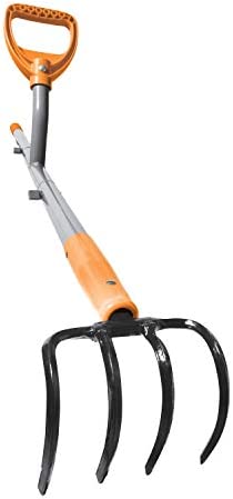 ERGIESHOVEL ERG-CLTV45 w/54, 5-in-1 Impact Resistant Garden Soil Cultivator w/ 5-in-1 Piece Forged Steel Head, 4-Tine, 54-Inch Shaft, w/Patented Ergonomic Second Handle, Gray/Orange