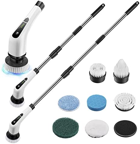 Electric Spin Scrubber, Cordless Bath Tub Power Scrubber with Long Handle & 7 Replaceable Heads, Detachable as Short Handle, Shower Cleaning Brush Household Tools for Bathroom & Tile Floor(White)