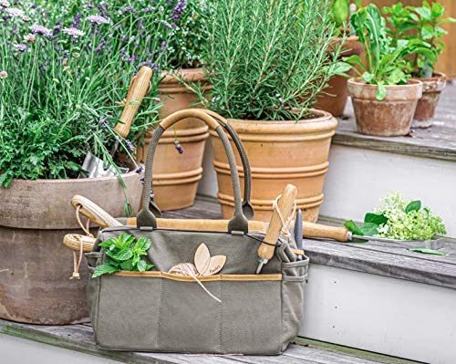 FLEUR DU BIEN 6 Piece Stainless Steel Heavy Duty Garden Tools Set, with Ash Wood Handle and Non-Slip Rubber Grip Pruner, Premium Canvas and Leather Storage Tote Bag, Outdoor Hand Tools, Garden Gift