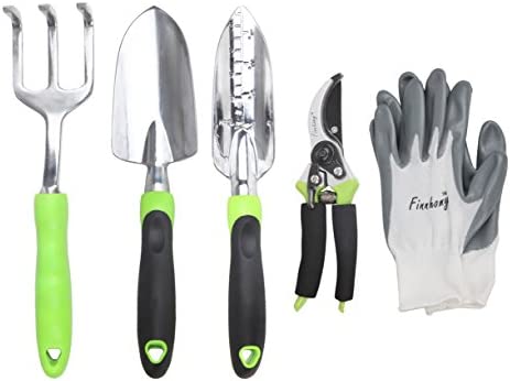 Finnhomy 5 Piece Garden Tools, Gardening Tools, Gardening Hand Tools, Gardening Gift Tool Set for Women, Garden Kit with Pruning Shears & Gardening Gloves