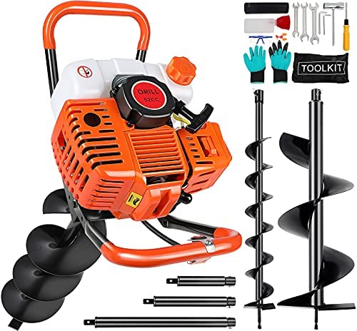GPOAS 52cc 2 Stroke Auger Post Hole Digger with 3 Replacement (4″ 6″ 10″) Drill Bits and 3 Extension Bars (8″ 12″ 20″), 2.4hp 1.5KW Gas Powered Earth Auger