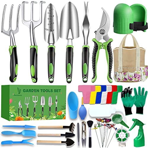 Garden Tool Set 98 Piece Gardening Kit, Heavy Duty Aluminum Alloy Hand Tools with Ergonomic Handle, Gardening Gifts for Women and Men, Includes Trowel, Shovel, Hand Weeder, Knee Pads, Storage Tote Bag