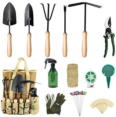 Garden Tool Set with Tote Bag, Gardening Gift Tools with Wooden Handle Including Trowel, Hand Weeder, Cultivator and More – Gardening Gifts for Women Men