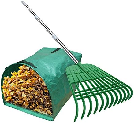 Gardzen 12 Tines Gardening Leaf Rake, Lightweight Steel Handle, Detachable, Ideal Camp Rake, Comes with Dustpan-Type Garden Bag