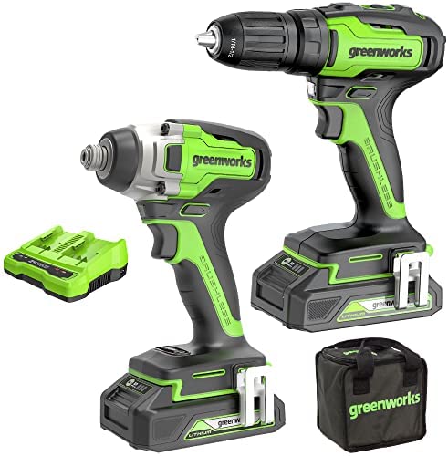Greenworks 24V Brushless 310 in./lbs Drill / Driver + 2650 in./lbs Impact Driver Combo Kit, (2) USB (Power Bank) Batteries and Dual Port Charger Included LED Light, 2pcs Driving Bits with Tool Bag