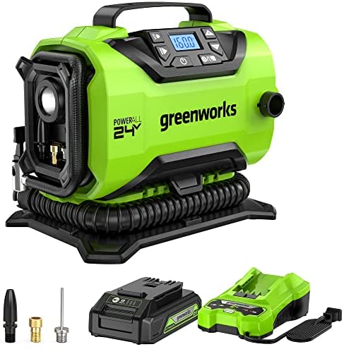 Greenworks 24V Portable Air Compressor, Cordless Tire Inflator, MAX 160 PSI, With USB (Power Bank) 2Ah Battery And 2A Charger