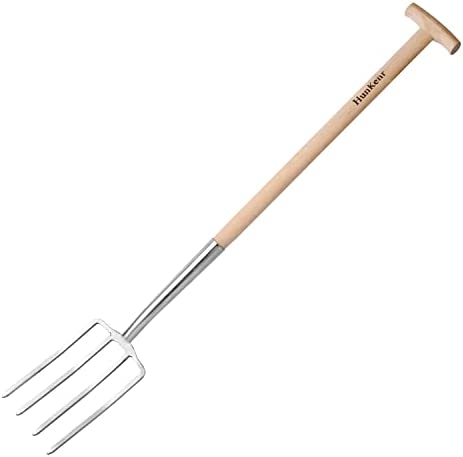 HUNKENR Garden Digging Fork, 4-Tine Stainless Steel Pitchfork, 47″ Heavy Duty Long Handled Spading Fork with T-Handle/Ergonomic Beech Handle for Digging, Planting, Cultivating, Aerating