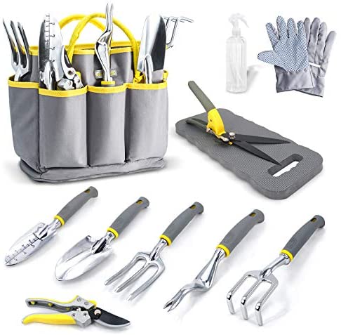 Jardineer 11PCS Gardening Tools Set, Garden Tool Kit with Outdoor Hand Tools, Unique Grass Shears, Garden Gloves, Storage Tote Bag and More, Garden Tools Set Gifts for Women and Men