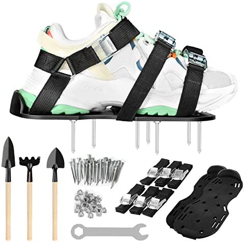 Jhua Lawn Aerator Shoes Heavy Duty Spiked, Lawn Aerator Spike Shoe Universal Size Lawn Aerating Sandals with 3 Adjustable Metal Straps, 26 Spikes and 3 Mini Garden Tools for Yard Patio Lawn Garden