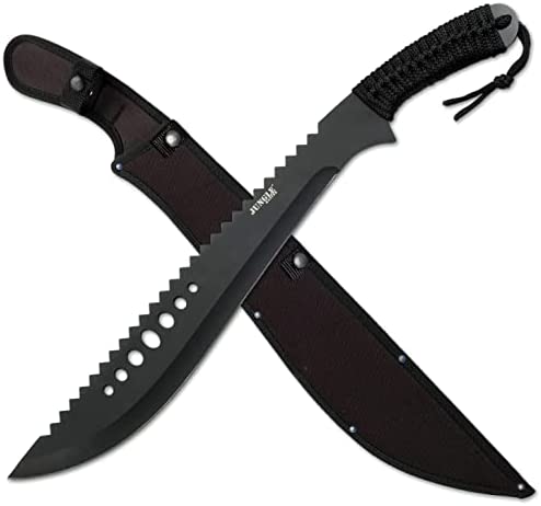 Jungle Master JM-031B Machete, Black Reverse Serrated Blade, Black Cord-Wrapped Handle, 21-Inch Overall