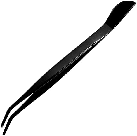 KAKURI Bonsai Tweezers Curved Serrated Tips with Spatula 8.8″ Professional Bonsai Tool, Japanese Stainless Steel Black Coated, Made in JAPAN