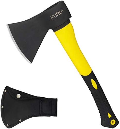 KURUI Wood Chopping Axe with Sheath, 15” Outdoor Camping Hatchet for Cutting and Kindling, Camp Splitting Axe with Fiber Glass Shock-Absorbent Anti-Slip Handle