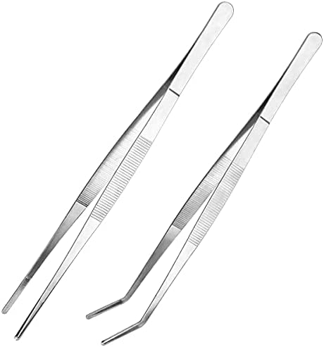 Kitchen Tweezers Long Tweezers Set, LEEFONE 2 PCS 12 Inch Stainless Steel Food Tweezers with Precision Serrated Tips for Cooking & Baking (Straight + Curved)