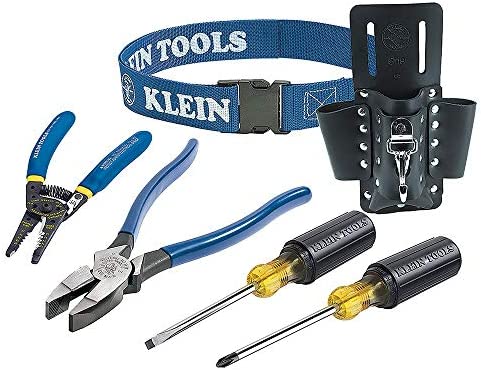 Klein Tools 80006 Trim-Out Tool Kit with Klein Tools Hand Tools and a 4-Pocket Leather Tool Pouch, 6-Piece