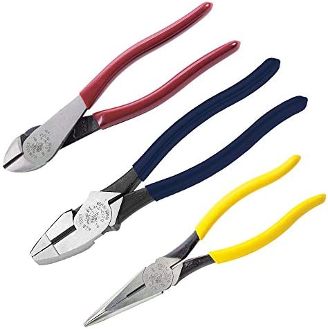 Klein Tools 80020 Tool Set with Lineman’s Pliers, Diagonal Cutters, and Long Nose Pliers, with Induction Hardened Knives, 3-Piece