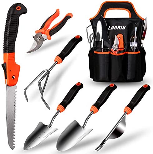 LANNIU Gardening Tool Set, Garden Tools Set Gift for Women and Men, Stainless Steel Heavy Duty Outdoor Hand Tools Kit with Soft Rubberized Non-Slip Ergonomic Handle Storage Tote Bag