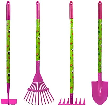 MTB SUPPLY Kids Garden Tool Set with Child Safe Shovel, Rake, Hoe and Leaf Rake– 4 Piece Kids Gardening Tools with Pink Head and Long Wood Handles
