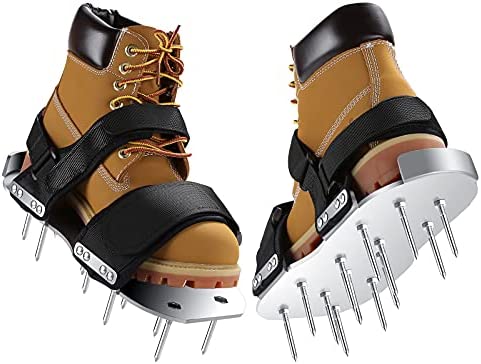MUMUMU Manual Lawn Aerator Shoes, Aluminum Soleplate Sandals with Stainless Steel Spikes Aeration Shoes, All Straps Assembled with Rivets, Adjustable Spiked Shoes, One-Size-Fits-All