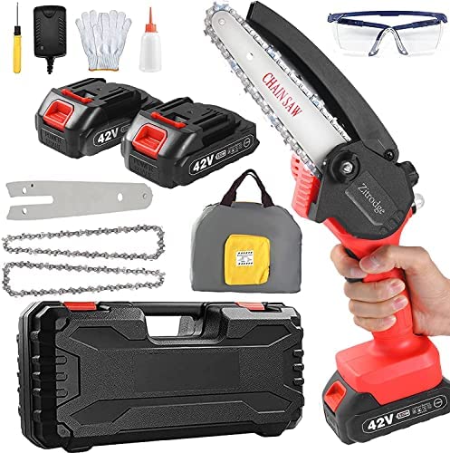 Mini Chainsaw, 6 inch Cordless Electric Pruning Chain Saw, One-Hand Rechargeable Portable Chainsaw for Branch Wood Cutting, Tree Trimming and Gardening (Incl. 2x Battery, 2x Chain, 2x Bag) (Red)