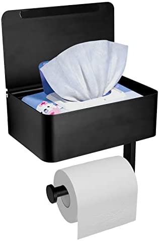NAMSAFUI Toilet Paper Holder with Flushable Wipes Dispenser, Adhesive Toilet Paper Holder with Shelf, Wall Mount Wipes Storage for Bathroom, Stainless Steel Black