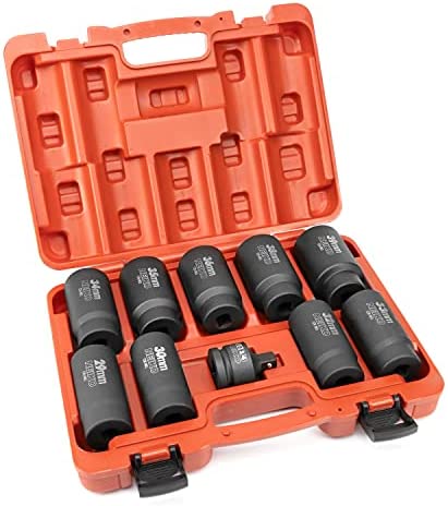 NEIKO 02531A 1/2” Drive Deep Impact Socket | Spindle & Axle Nut Socket Set | 10 Piece | 12 Point |Metric 29mm – 39mm | Cr-Mo | Impact Adapter | 3/4″ to 1/2” Reducer