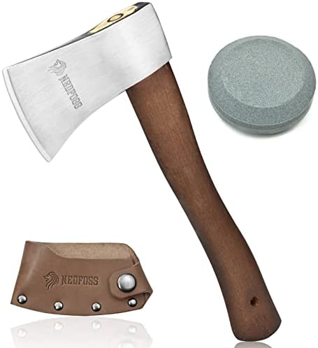 NedFoss 12″ Hatchet, Camping Axes and Hatchets with Axe Sharpening Stone, Campct Hatchets for Wood Splitting and Kindling, Camp Axe with Leather Sheath, Wood Handle Chopping Axe, Gardening Hand Tools