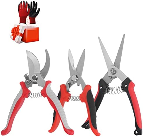OUTCREATOR 3 Pack Garden Pruning Shears,Heavy Duty Garden Pruning Trimming Scissors,Stainless Steel Blades Handheld Pruners Set with Gardening Gloves for Cutting Flowers, Fruits,Plants