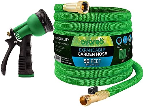 Ovareo Garden Hose, Flexible and Expandable Garden Hoses, Heavy Duty Triple Latex Core with 3/4″ Solid Brass Fittings, 8 Function Hose Spray Nozzle, Easy Storage Kink Free Water Hose (50 FT, Green)