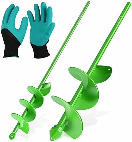 Royars Upgrade Auger Drill Bit For Planting – Heavy-Duty Garden Auger Digging Machine Hole Digger Bulb Bedding Plant Rapid Planter for 3/8 Inch Hex Drive Electric Drill, With Non-Slip Gloves, Green,2×16 in, 4×16 in