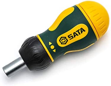 SATA 6-Piece Stubby Ratcheting Screwdriver Set with Three Ratcheting Settings and a Green and Yellow Storage Handle – ST09348