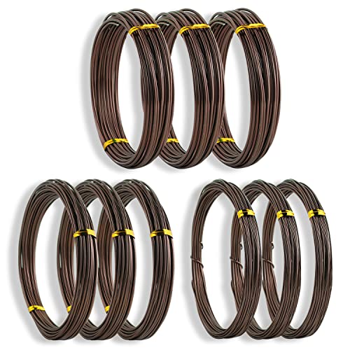 Sanlykate Bonsai Training Wire Kit, 9 Roll Tree Training Wires 295.27 Feet Total, 1.0mm, 1.5mm, 2.0mm Anodized Aluminum Wire Set, Hold Plant Branches Trunks – Brown