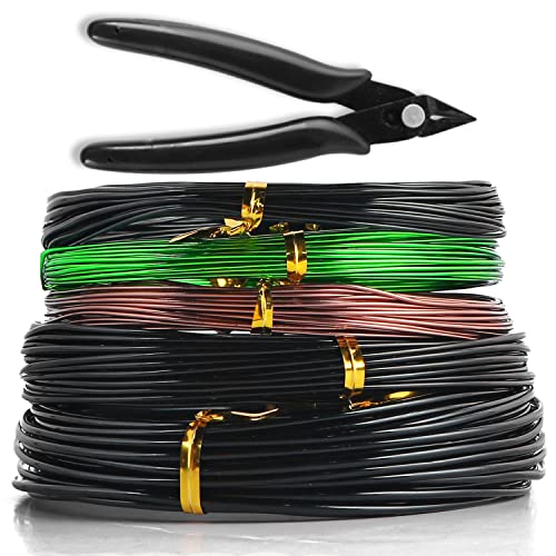 Sanlykate Bonsai Wire Tool Kit with Cutter, 5 Roll Tree Training Wires 164 Feet Total, 1.0mm, 1.5mm, 2.0mm Anodized Aluminum Wire Set, Hold Plant Branches Trunks (Black, Green, Brown)