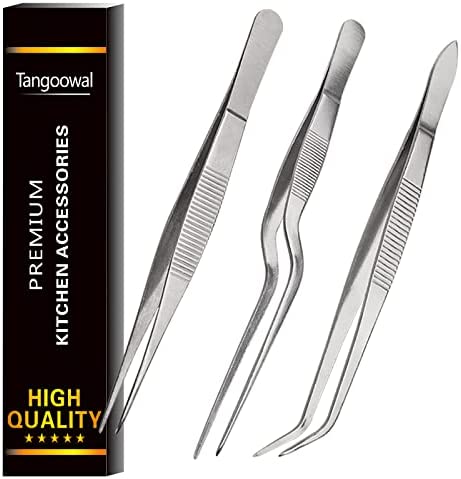 Tangoowal Kitchen Cooking Tweezers Culinary,3 Piece Set Stainless Steel Tweezer Precision Tongs Offset Tip for Cooking Food Design styling(6.3-Inch)