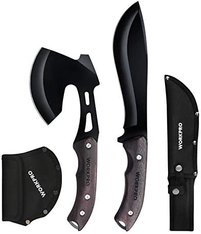 WORKPRO Axe and Fixed Blade Knife Combo Set, Full Tang, Wood Handle, for Outdoor Camping Survival Hunting, Nylon Sheath Included