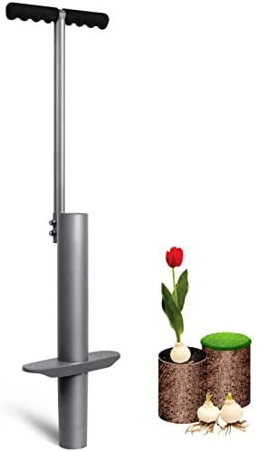 Walensee Bulb Planter Lawn and Garden Tool, Flower Weeder or Weeding Tools for Digging Hoes Soil Sampler Transplanting Sod Plugger Flower Bulb Garden Planting Tool Steel with T-Style Long Handle, Grey