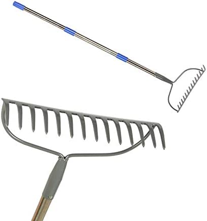 Wefaith Bow Rake – 5FT Heavy Duty Rock Rake for Gardening with Stainless Steel Handle – Garden Rake Heavy Duty with 14 Tines for Yard Silver