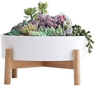 10 Inch Large Round Ceramic Succulent Planter Pot Modern Cactus Flower Pot with Removable Plugs and Bamboo Stand, Shadow Planter