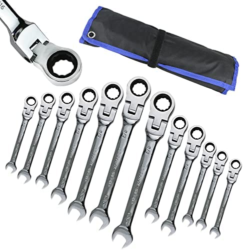 12-Piece SAE Flex-Head Ratcheting Wrench Set, Chrome Vanadium Steel, Ratcheting Combination Wrench Set with Organizer Bag